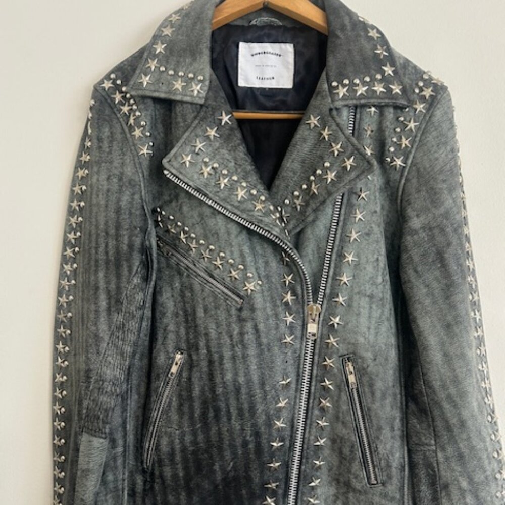 Free People Understated Leather Star Stud Zip Grey Distressed Moto Jacket NEW